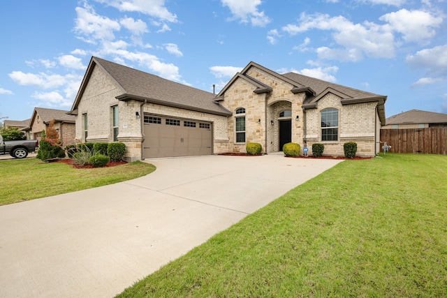 french country home featuring a garage, roof with shingles, concrete driveway, and brick siding