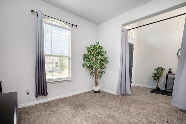 unfurnished room with plenty of natural light, baseboards, and carpet floors