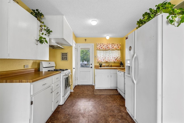3801 Fort Ave, Waco, TX 76710 - kitchen with white appliances, a textured ceiling, a sink, under cabinet range hood, and white cabinets