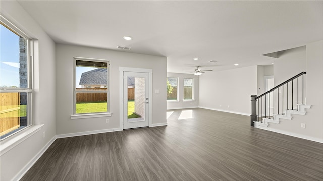 7522 Prairie Holly Ln, Midlothian, TX 76084 - unfurnished living room featuring dark wood-type flooring, ceiling fan, stairs, baseboards, and recessed lighting