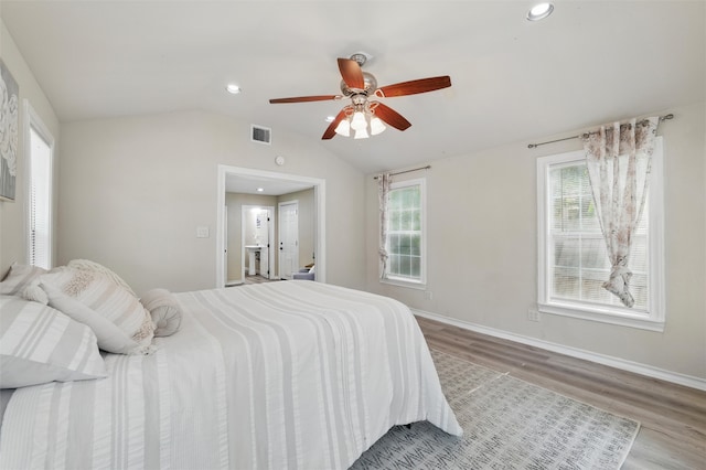 304 E Lee Ave, Weatherford, TX 76086 - bedroom featuring wood finished floors, vaulted ceiling, recessed lighting, baseboards, and ceiling fan