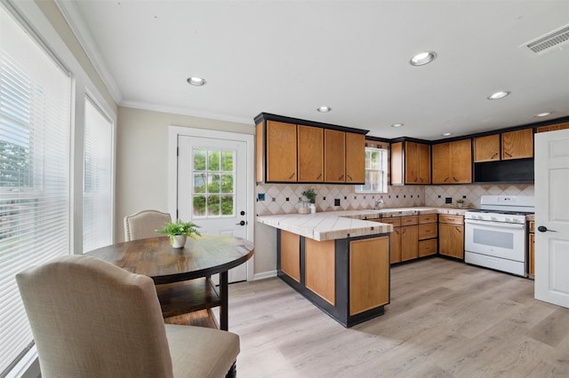 304 E Lee Ave, Weatherford, TX 76086 - kitchen featuring white gas stove, a peninsula, healthy amount of natural light, ornamental molding, and backsplash
