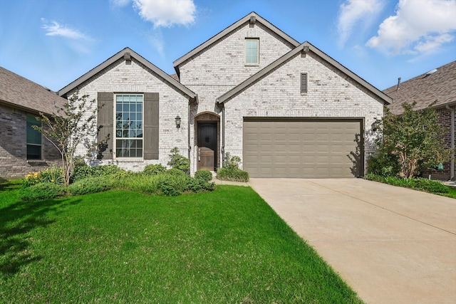 2805 Upland Trail Ln, Aubrey, TX 76227 - french country style house featuring a front lawn, driveway, and brick siding