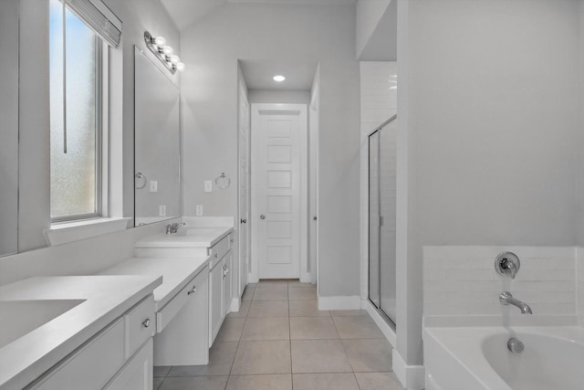 2805 Upland Trail Ln, Aubrey, TX 76227 - full bath featuring tile patterned flooring, vanity, a garden tub, and a shower stall