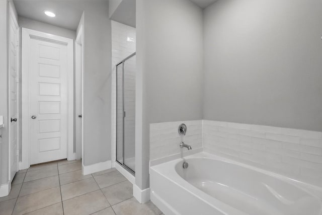 2805 Upland Trail Ln, Aubrey, TX 76227 - full bathroom with tile patterned floors, a shower stall, a bath, baseboards, and recessed lighting
