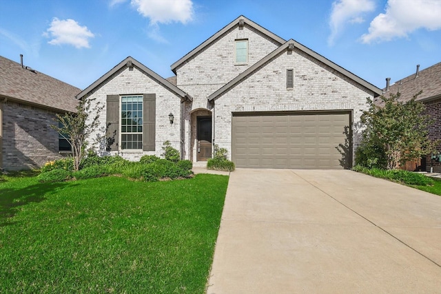 2805 Upland Trail Ln, Aubrey, TX 76227 - french country inspired facade featuring driveway, a front lawn, brick siding, and a garage