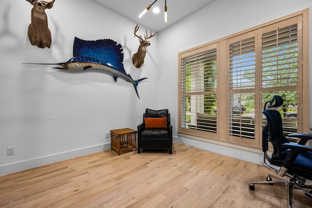home office featuring wood finished floors and baseboards