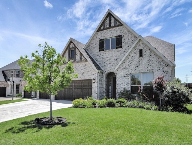 1208 Thornhill Ct, Roanoke, TX 76262 - french country style house with concrete driveway, brick siding, a front lawn, and a garage