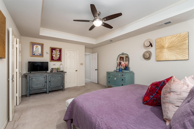 2203 Glen Helen Cir, Carrollton, TX 75007 - bedroom with a raised ceiling, carpet flooring, crown molding, a ceiling fan, and baseboards