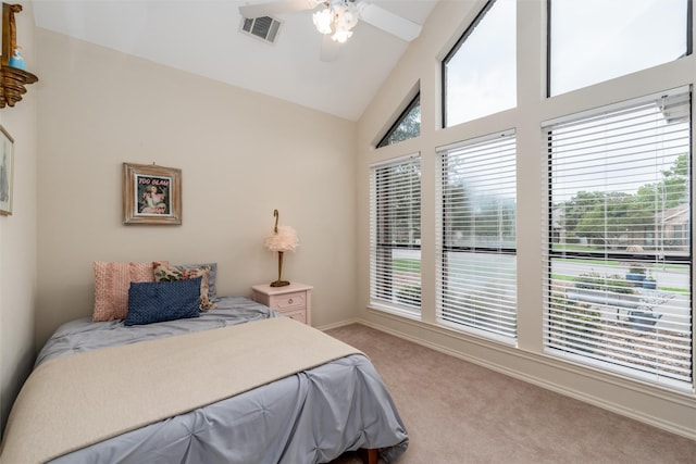 2203 Glen Helen Cir, Carrollton, TX 75007 - bedroom featuring carpet floors, high vaulted ceiling, ceiling fan, and baseboards