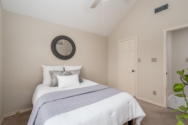 2203 Glen Helen Cir, Carrollton, TX 75007 - bedroom with carpet floors, lofted ceiling, baseboards, and a ceiling fan