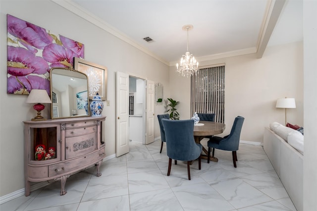 2203 Glen Helen Cir, Carrollton, TX 75007 - dining area with marble finish floors, a chandelier, ornamental molding, and baseboards