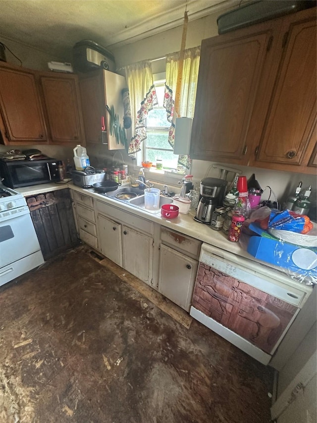 6029 Graham St, Lake Worth, TX 76135 - kitchen featuring white range with gas stovetop, light countertops, black microwave, and a sink