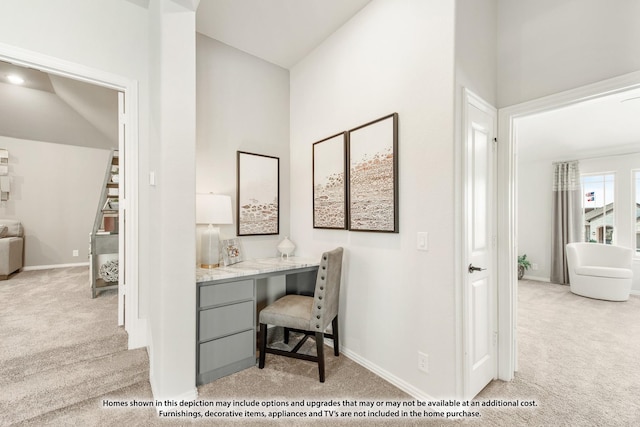 1200 Hawk St, Wylie, TX 75098 - carpeted home office with high vaulted ceiling, baseboards, and built in study area