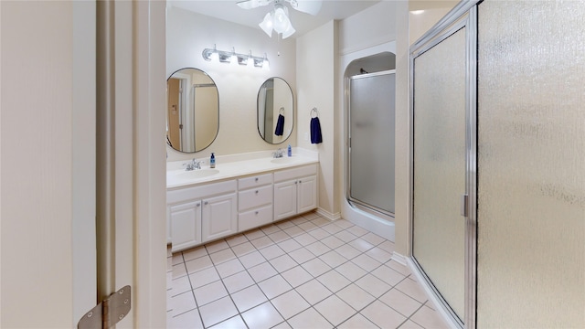 1913 Monte Cristo Way, Sherman, TX 75092 - bathroom featuring a shower stall, tile patterned flooring, ceiling fan, and double vanity