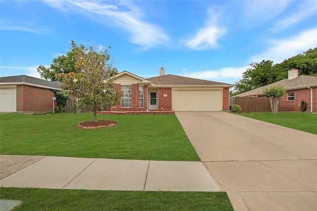 1034 Palomino Dr, Little Elm, TX 75068 - single story home with brick siding, an attached garage, concrete driveway, and a chimney