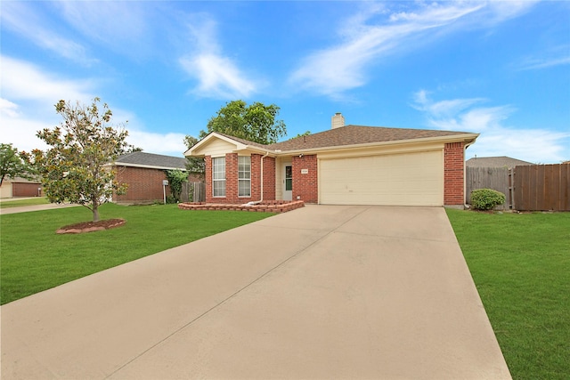1034 Palomino Dr, Little Elm, TX 75068 - ranch-style home featuring brick siding, an attached garage, concrete driveway, and a chimney