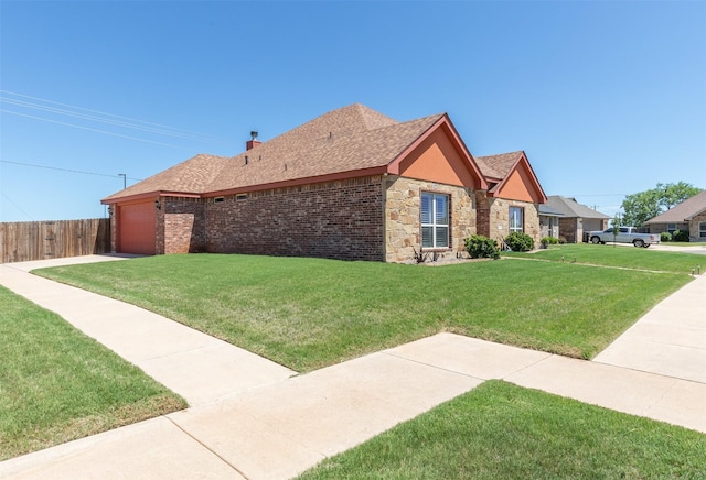 7201 Mcleod Dr, Abilene, TX 79602 - view of side of property with an attached garage, stone siding, a shingled roof, and driveway
