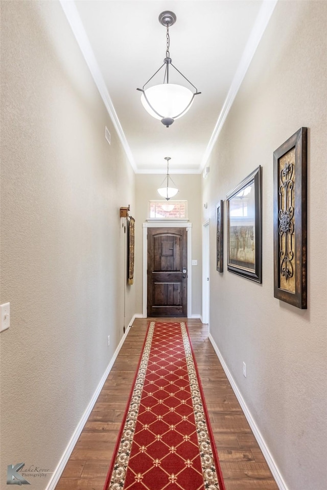 7201 Mcleod Dr, Abilene, TX 79602 - doorway to outside with dark wood-style floors, crown molding, and baseboards
