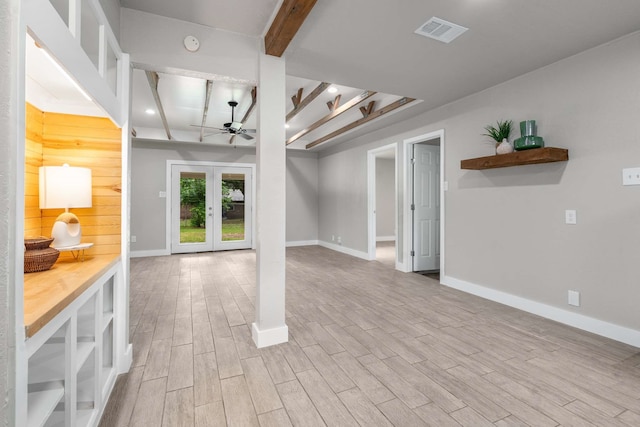 6012 Whispering Ln, Watauga, TX 76148 - unfurnished living room with ceiling fan, wood finished floors, beamed ceiling, and baseboards