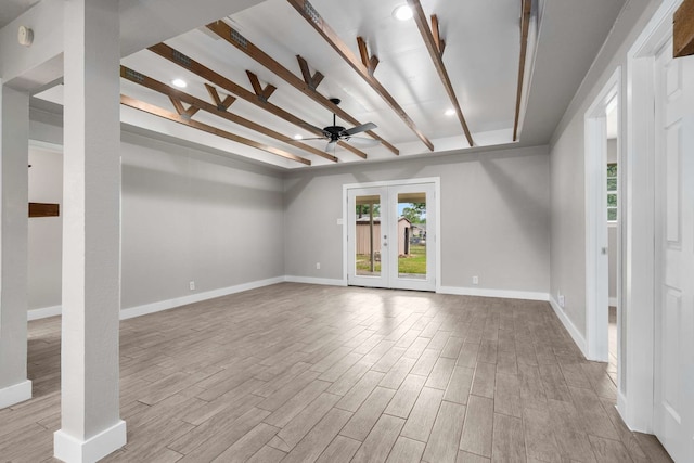 6012 Whispering Ln, Watauga, TX 76148 - unfurnished living room featuring wood finished floors, baseboards, beam ceiling, ceiling fan, and recessed lighting