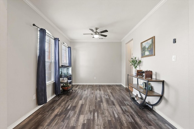 5305 Elmdale Dr, Watauga, TX 76137 - unfurnished room with dark wood-style floors, ceiling fan, crown molding, and baseboards