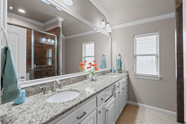 1103 Hilkiah Ct, Granbury, TX 76048 - full bathroom featuring a shower stall, tile patterned floors, crown molding, double vanity, and baseboards