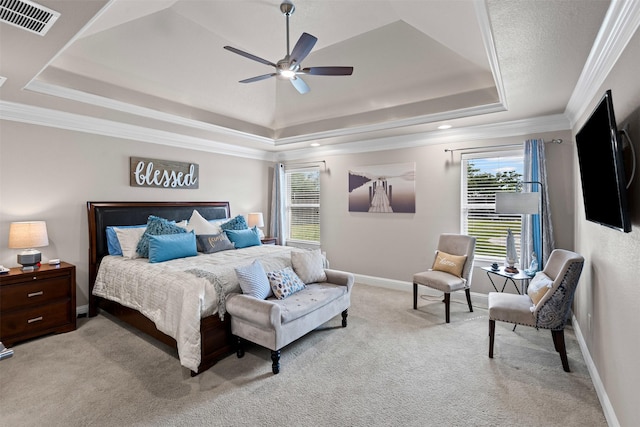 1103 Hilkiah Ct, Granbury, TX 76048 - bedroom with a tray ceiling, carpet, baseboards, crown molding, and ceiling fan