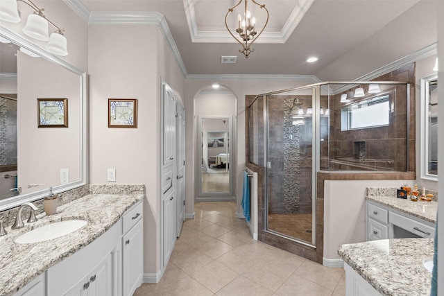 1103 Hilkiah Ct, Granbury, TX 76048 - bathroom featuring a stall shower, tile patterned flooring, ornamental molding, and vanity