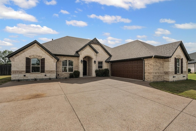 1103 Hilkiah Ct, Granbury, TX 76048 - french country inspired facade with concrete driveway, a shingled roof, brick siding, and an attached garage