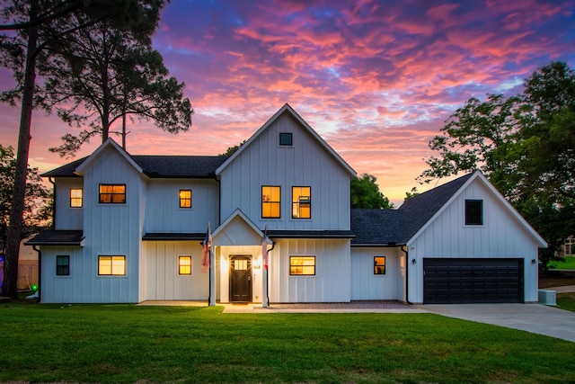 138 Sunset Dr, Gun Barrel City, TX 75156 - modern farmhouse style home with a front lawn, concrete driveway, roof with shingles, and board and batten siding