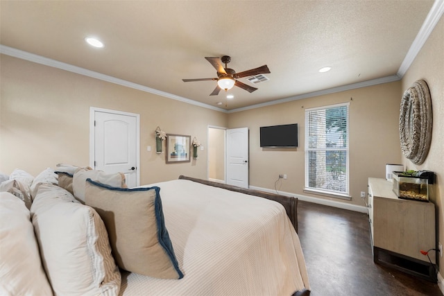 9359 W 5th St, Crawford, TX 76638 - bedroom with recessed lighting, baseboards, ornamental molding, and a ceiling fan