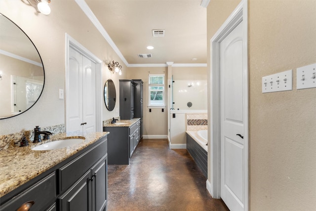 9359 W 5th St, Crawford, TX 76638 - full bathroom featuring concrete flooring, ornamental molding, two vanities, a bath, and baseboards