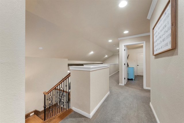 9359 W 5th St, Crawford, TX 76638 - hallway featuring an upstairs landing, recessed lighting, carpet, crown molding, and vaulted ceiling