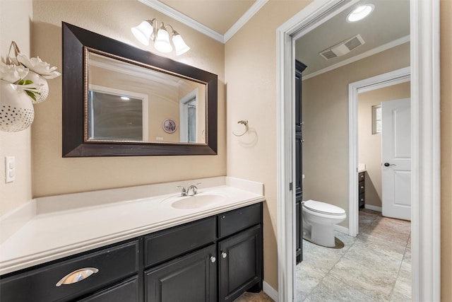 9359 W 5th St, Crawford, TX 76638 - bathroom featuring ornamental molding, vanity, toilet, and baseboards