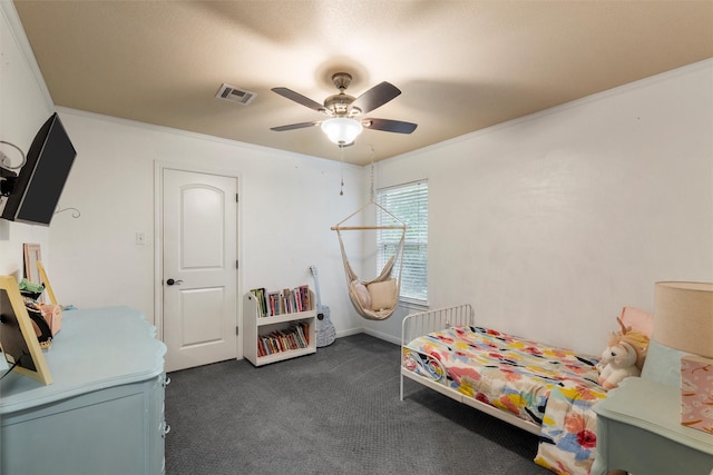 9359 W 5th St, Crawford, TX 76638 - bedroom featuring dark carpet, ornamental molding, and ceiling fan