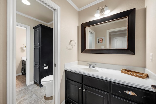 9359 W 5th St, Crawford, TX 76638 - bathroom with ornamental molding, vanity, toilet, and tile patterned flooring