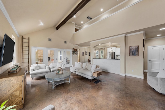 9359 W 5th St, Crawford, TX 76638 - living room featuring concrete floors, beam ceiling, high vaulted ceiling, baseboards, and recessed lighting