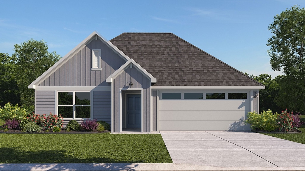 489 Burnett Trl, Canton, TX 75103 - view of front facade featuring roof with shingles, driveway, a front yard, a garage, and board and batten siding