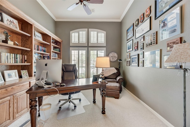 7704 Michael Ct, Mckinney, TX 75071 - carpeted office space with ornamental molding, ceiling fan, and baseboards