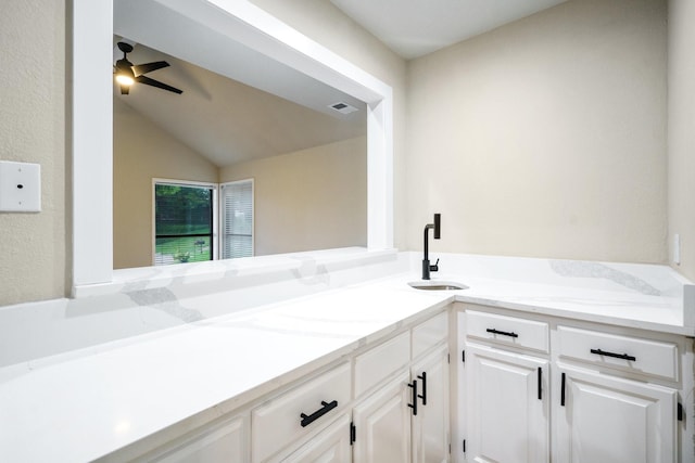 1202 Bayshore Dr, Rockwall, TX 75087 - bathroom featuring vanity, ceiling fan, and vaulted ceiling