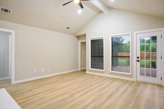 1202 Bayshore Dr, Rockwall, TX 75087 - unfurnished room with a ceiling fan, light wood-style flooring, beamed ceiling, baseboards, and high vaulted ceiling