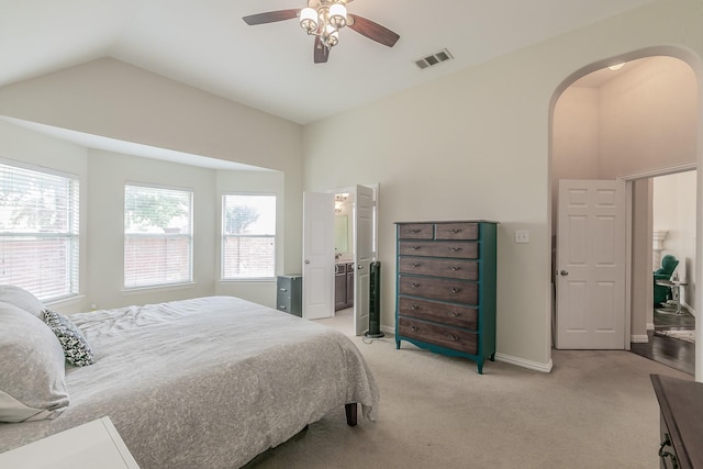 941 Sequoia Way, Saginaw, TX 76131 - bedroom featuring vaulted ceiling, arched walkways, light carpet, baseboards, and ceiling fan