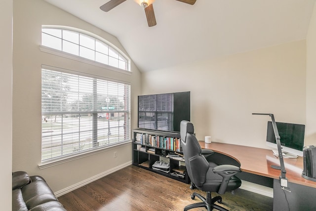941 Sequoia Way, Saginaw, TX 76131 - office featuring lofted ceiling, wood finished floors, a ceiling fan, and baseboards