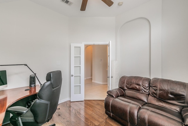 941 Sequoia Way, Saginaw, TX 76131 - office with french doors, a ceiling fan, and wood finished floors