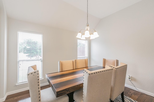 941 Sequoia Way, Saginaw, TX 76131 - dining space featuring a chandelier, healthy amount of natural light, vaulted ceiling, dark wood-style flooring, and baseboards