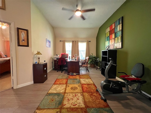 6869 Cape Cod Dr, Grand Prairie, TX 75054 - office with ceiling fan, light wood-type flooring, vaulted ceiling, and baseboards