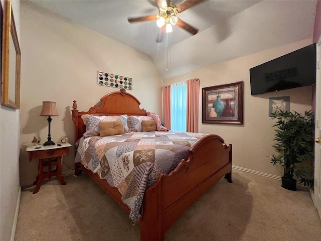6869 Cape Cod Dr, Grand Prairie, TX 75054 - bedroom featuring light colored carpet, baseboards, lofted ceiling, and ceiling fan