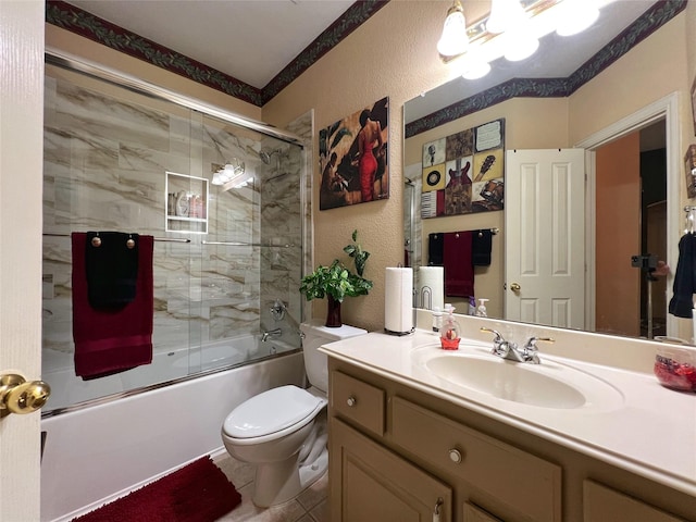 6869 Cape Cod Dr, Grand Prairie, TX 75054 - full bath with toilet, combined bath / shower with glass door, vanity, a textured wall, and tile patterned floors