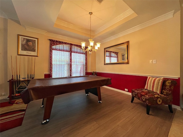 6869 Cape Cod Dr, Grand Prairie, TX 75054 - rec room with crown molding, billiards table, wood finished floors, a tray ceiling, and baseboards